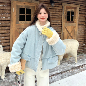 设计感小众羊羔毛拼接牛仔羽绒服女冬季今年流行爆款白鸭绒厚外套图片