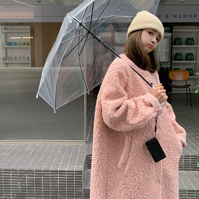 粉色中长款羊羔毛外套女2025冬季新款韩版宽松可爱小个子毛毛大衣,女装皮草,浙宝113