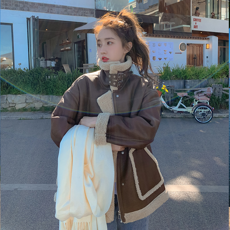 【现货】新款PU拼接羊羔毛机车风皮毛一体006-684-P185-K278，女装派克服，浙宝113