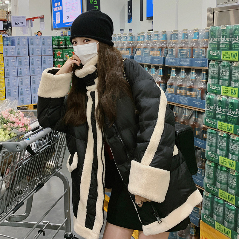 独特超好看羊羔毛拼接羽绒服女冬2024新款小众设计感炸街机车外套,女装羽绒服,浙宝113