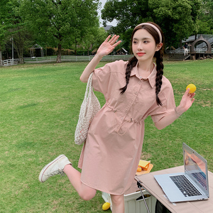 法式粉色收腰工装裙连衣裙女夏2024新款小个子森系学院风高级感图片