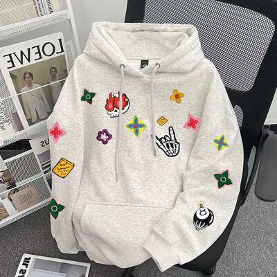 花灰色美式高街印花秋冬男女连帽卫衣潮牌加绒加厚情侣款纯棉帽衫