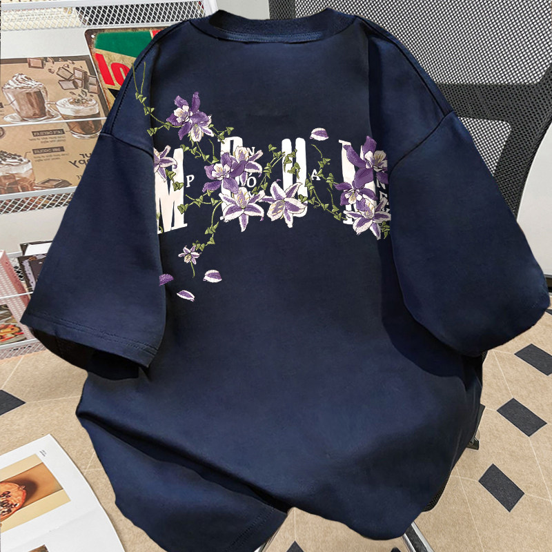 藏青色藤蔓花卉印花t恤男女夏季短袖oversize高街纯棉半袖上衣ins