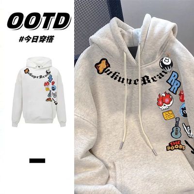 花灰色美式潮流高街印花连帽卫衣男女情侣秋冬季纯棉加绒加厚帽衫