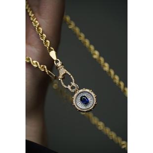 18K金天然钻石皇家蓝宝石吊坠 手工拉丝钉砂吊坠纯手工雕金工艺