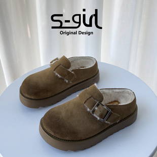 勃肯鞋 女2024保暖加绒一脚蹬懒人毛毛鞋 TWTW厚底包头半拖鞋 SGIRL