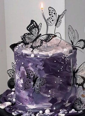 网红简约黑色系蝴蝶蛋糕装饰仙女生日女神情人节烛台幻彩球装扮