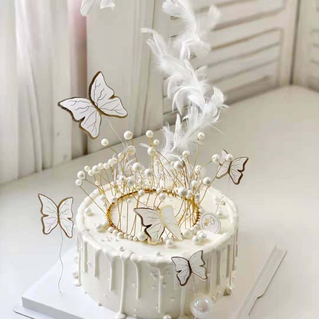 网红白色蝴蝶蛋糕装饰摆件情人节海草羽毛皇冠女神生日派对甜品台