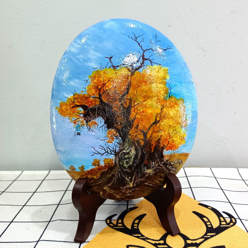 风景手绘石头画成品胡杨客厅玄关摆件压书石毕业生日礼物来图定制