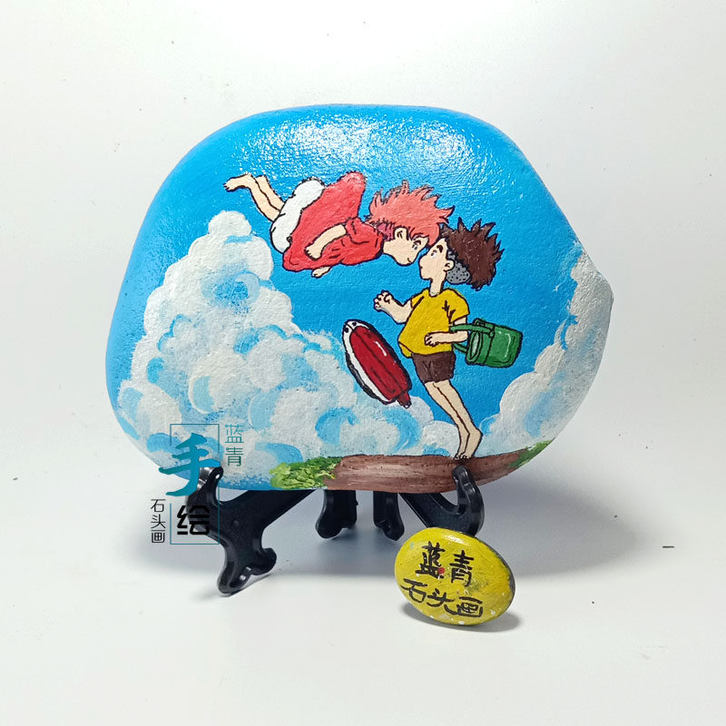 纯手工绘画波妞宗介宫崎骏千与千寻石头画成品卡通龙猫定制礼物