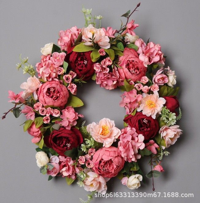 蔚然跨境美式仿真花环门楣花圈婚礼节日装饰牡丹芍药花环家居挂件