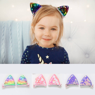 石川印象可爱亮片立体猫耳朵儿童发夹对夹女孩表演发饰宝宝头饰