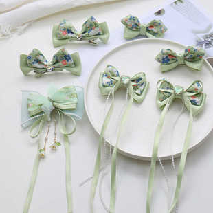 只此青绿春夏款绿色古风对夹立体蝴蝶结儿童发夹汉服头饰飘带女孩