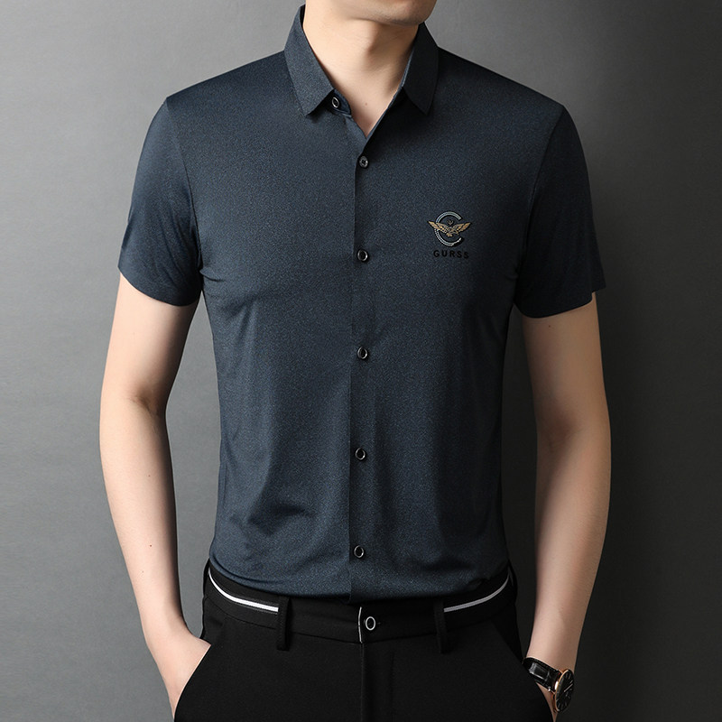 男士寸衫冰丝弹力丝滑免烫品质宽松纯色短袖衬衫男QLM88251-P85,男装衬衫,电商B212（原钱塘6029）