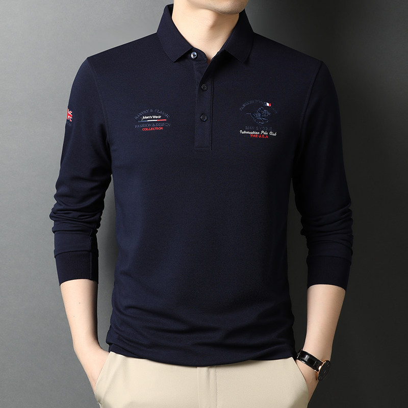 男士T恤男长袖翻领纯色刺绣体恤商务休闲宽松POLO衫QLM55152-P70,男装Polo衫,电商B212（原钱塘6029）