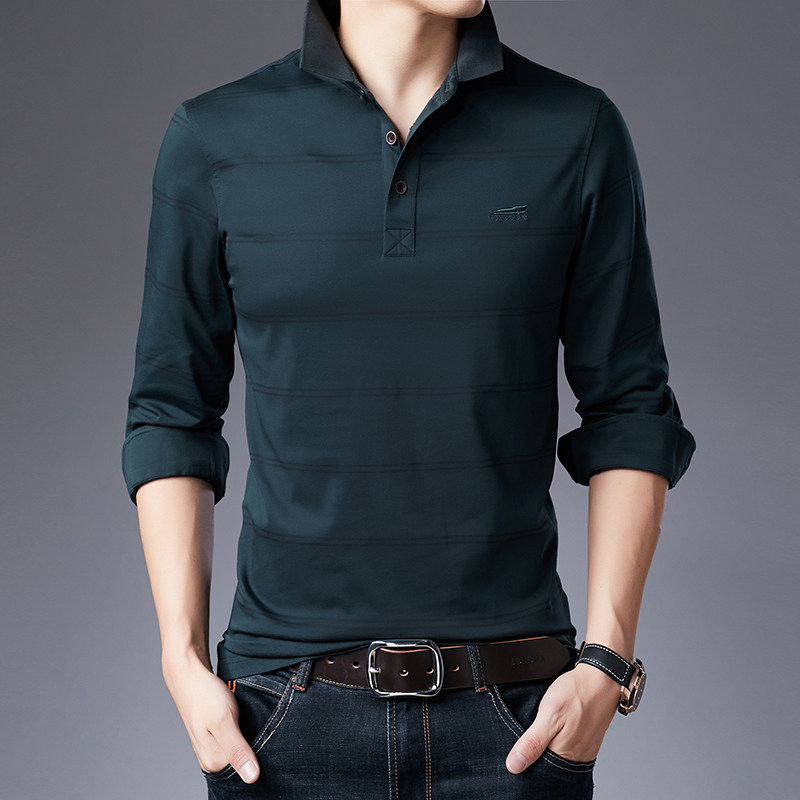 长袖T恤男条纹体恤打底衫春秋季中年男士休闲POLO衫21D8613-P75,男装T恤,电商B212（原钱塘6029）
