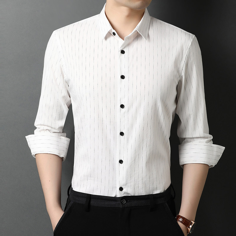 秋季衣服衬衫男长袖修身条纹气衬衣纯色百搭打底衫QLM55221-P85图片