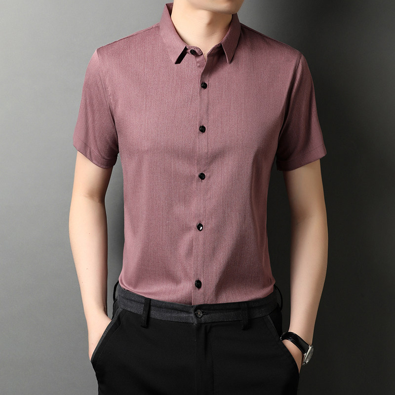 秋季中年男士翻领polo衫商务休闲宽松纯色半袖衬衫QLM88262-P65,男装衬衫,电商B212（原钱塘6029）