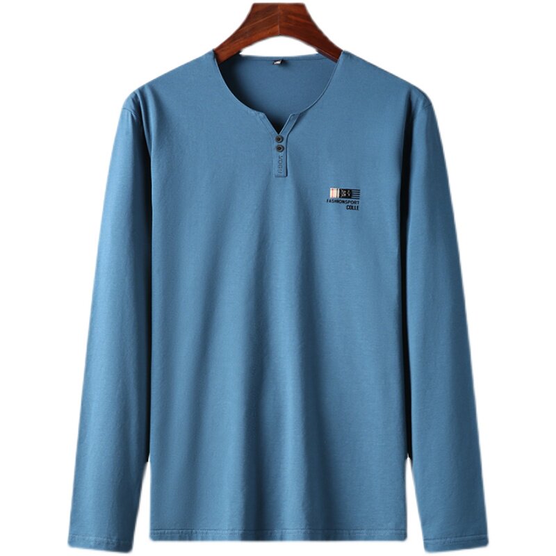 2021秋季新款中青年男士商务休闲V领纯色长袖T恤男装QLM77187-P70,男装T恤,电商B212（原钱塘6029）