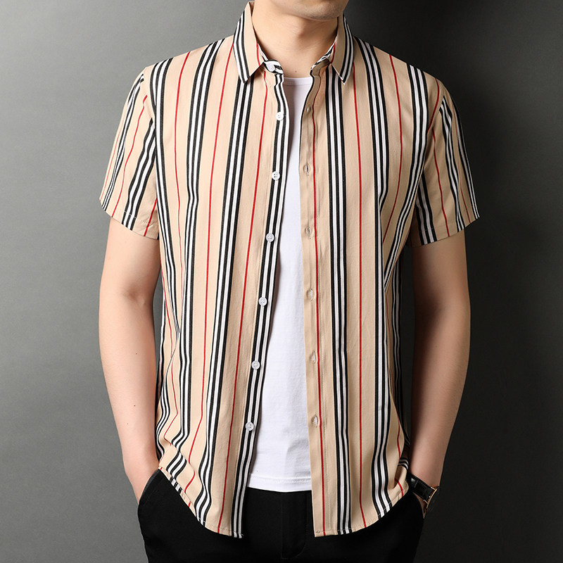 2021新款条纹衬衫男短袖薄款纯棉宽松帅气百搭衬衣QLM88259-P70,男装衬衫,电商B212（原钱塘6029）