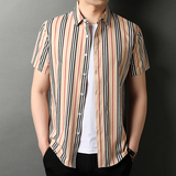 2021新款条纹衬衫男短袖薄款纯棉宽松帅气百搭衬衣QLM88259-P70，男装衬衫，电商B212（原钱塘6029）