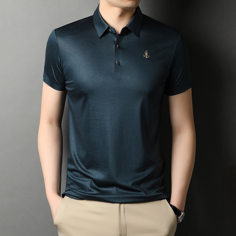 桑蚕丝T恤男短袖夏季中年男士商务休闲纯色半袖体恤衫D1206-P108,男装T恤,电商B212（原钱塘6029）