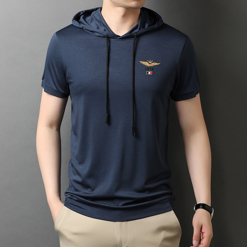 夏季新款男装短袖T恤纯棉潮流连帽半袖卫衣纯色帽衫QLM88151-P80图片