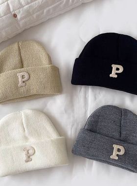 新生儿帽子秋冬宝宝针织帽子保暖简约婴儿P字母纯色加厚毛线帽子