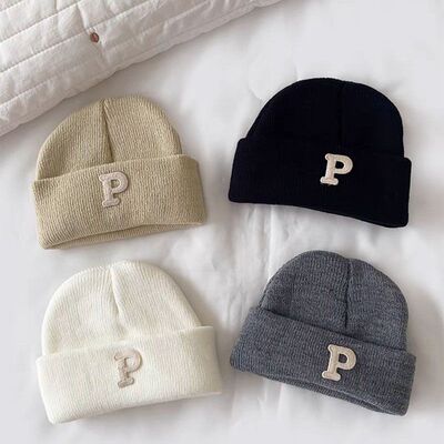 新生儿帽子秋冬宝宝针织帽子保暖简约婴儿P字母纯色加厚毛线帽子