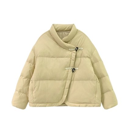 2023新款短款羽绒服女韩版可爱复古牛角扣宽松小个子圆领冬外套