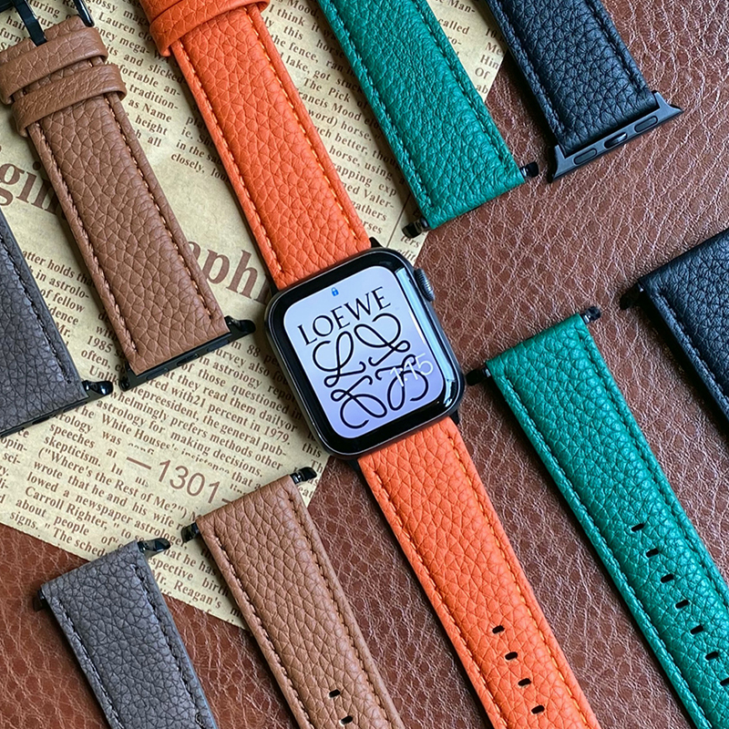 牛皮荔枝纹表带适用苹果手表iwatch123456se真皮柔软表带潮新男女
