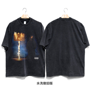 潮牌J.cole人像印花街头嘻哈vintage宽松小领口短袖 Retro47 美式