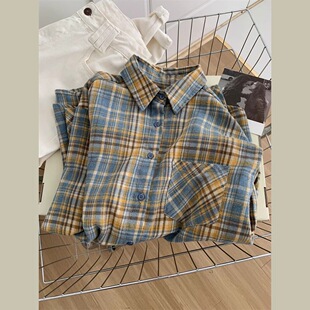 文艺复古显白黄蓝格子衬衫女春秋款宽松休闲中性磨毛衬衣开衫外套