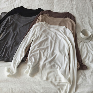 早秋基础百搭长袖打底衫女柔软舒适弹力修身显瘦圆领纯色内搭T恤