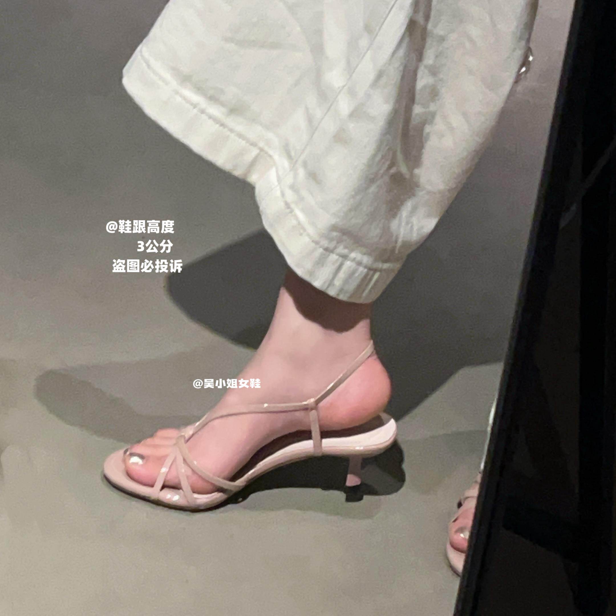 夏季新款裸色漆皮细带后绊带方头细跟凉鞋女外穿气质百搭通勤鞋