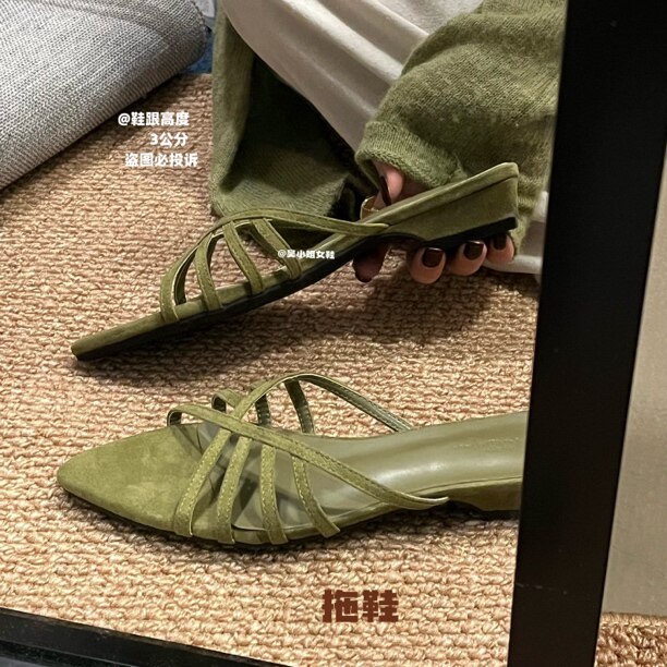 宽脚的尖头拖！复古草绿细带编织尖头凉拖韩系松弛感日常百搭拖鞋
