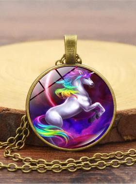 新品 飞马独角兽时光宝石项链 欧美银色吊坠锁骨链饰品