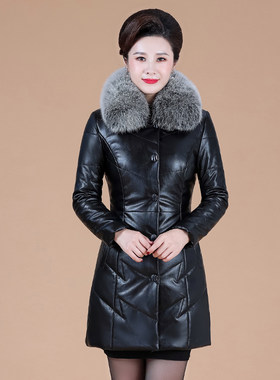 真皮羽绒服女中长款妈妈皮草外套