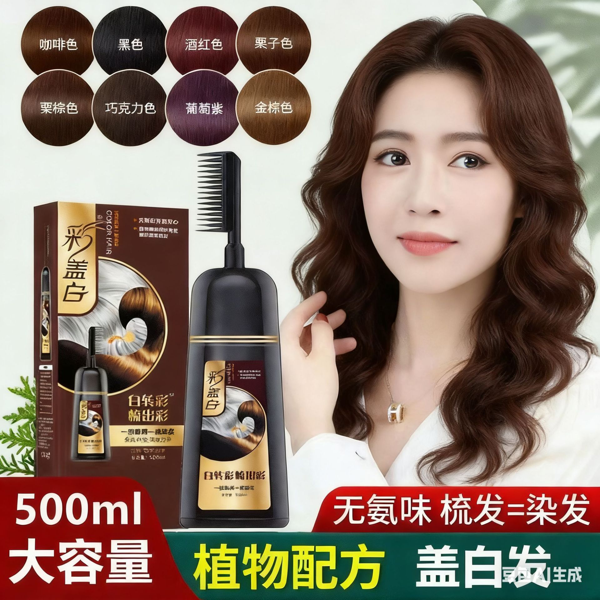 彩盖白泡泡染发剂梳子染发膏