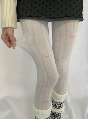 灰色连裤袜秋冬季蝴蝶结撞色竖条纹格雷系打底裤女外穿加厚不掉档