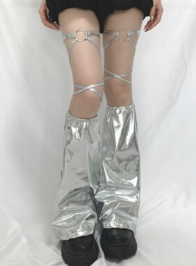 交叉绑带腿环银色亚文化腿套Y2K未来科技感辣妹显瘦喇叭袜套女