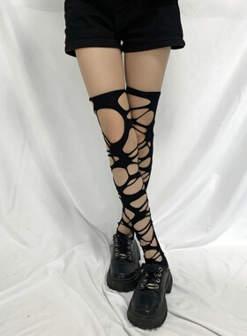 过膝镂空不规则网袜亚文化天鹅绒破洞连裤袜朋克风勒肉丝袜脚踩袜