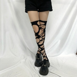 过膝镂空不规则网袜亚文化天鹅绒破洞连裤袜朋克风勒肉丝袜脚踩袜