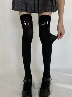 可爱猫咪表情印花立体过膝袜夏季天鹅绒白色袜JK袜子大腿长筒袜子