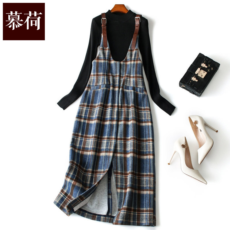 慕荷格子连衣裙春装2020年新款女毛呢套装裙时尚洋气吊带裙两件套