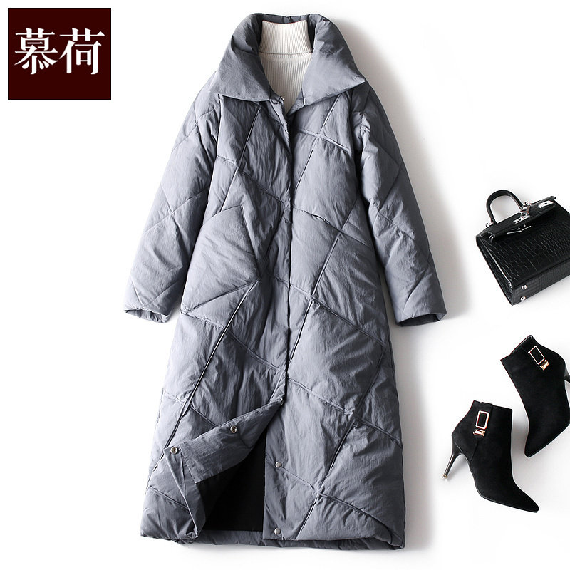 慕荷菱格羽绒服女冬中长款2021新款时尚宽松加厚过膝白鸭绒外套