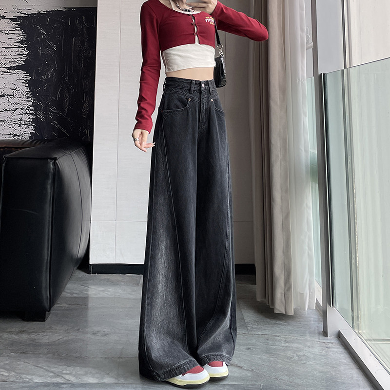 撞色阔腿牛仔裤女春秋2025新款高腰显瘦垂感小个子加绒直筒拖地裤