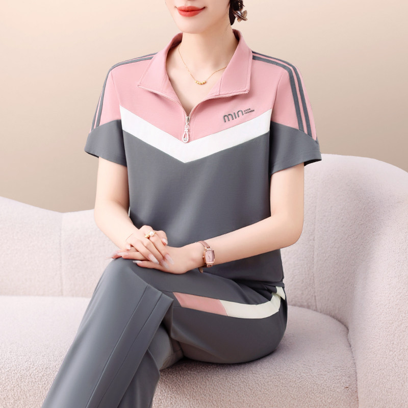 拼色运动套装女夏季薄款2025新款时尚短袖妈妈减龄休闲 跑步两件