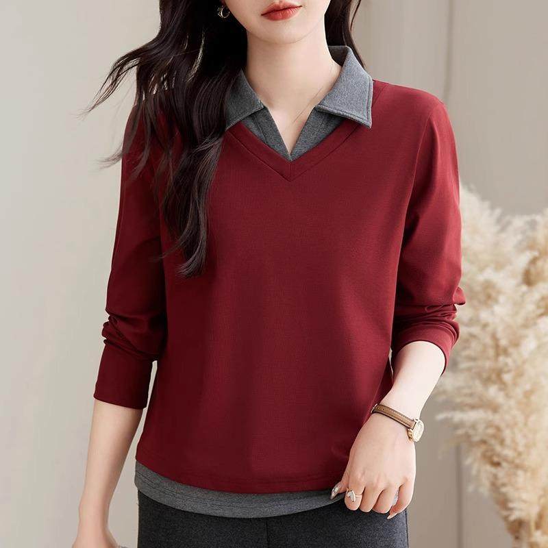 假两件长袖t恤女士春秋2026新款大码打底衫polo领内搭减龄上衣女