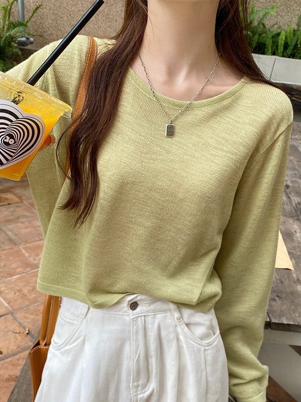 竹节棉正肩长袖t恤女春秋2025新款百搭宽松显瘦打底罩衫短款上衣